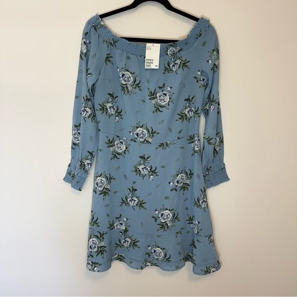 H&M Floral Blue Off-Shoulder Minidress with Long Sleeves Size 14 - Picture 1 of 7